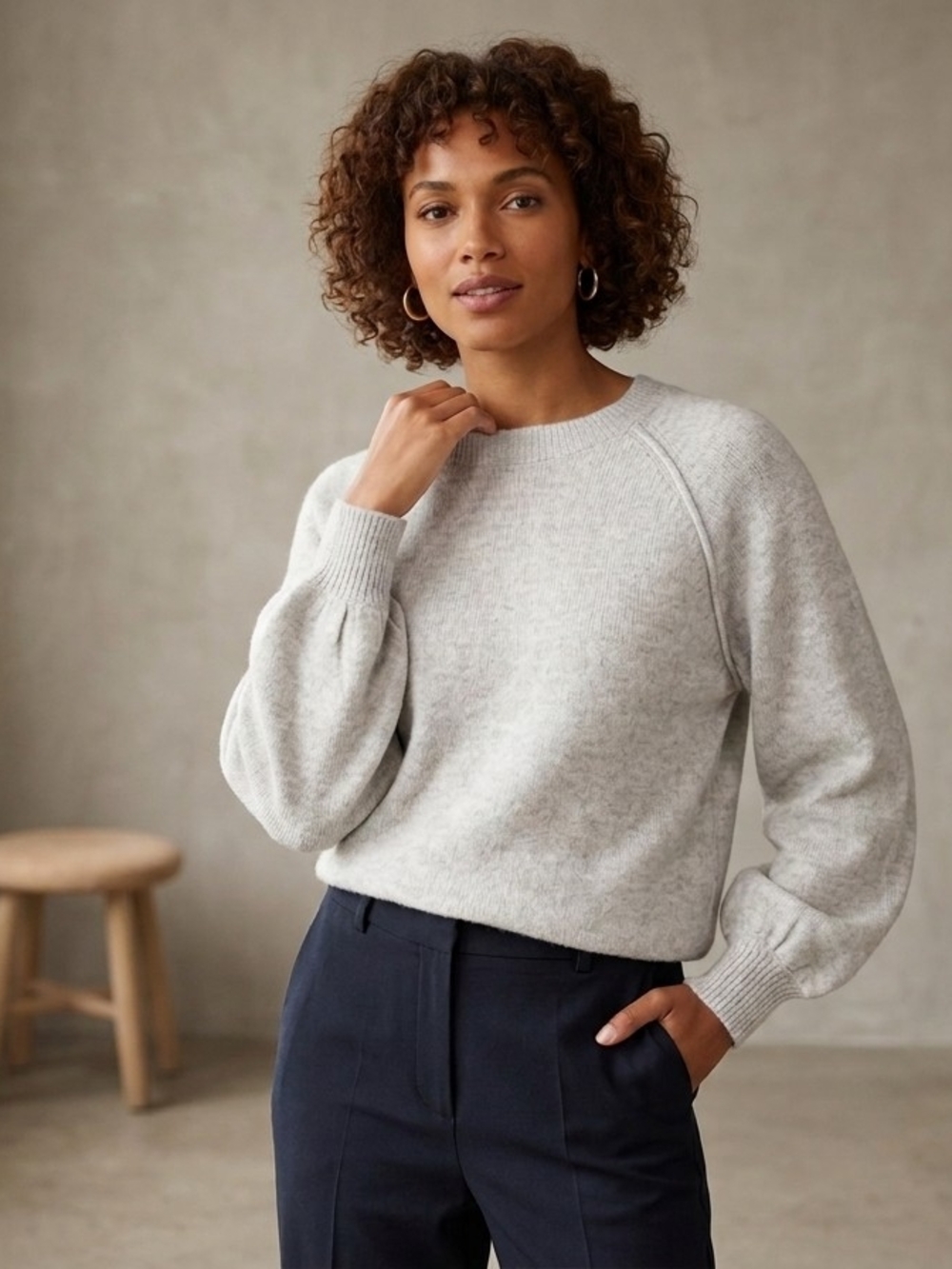 Vince Camuto Light Gray Balloon-Sleeve Crewneck Sweater